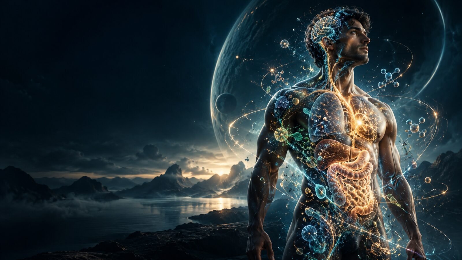Illustration of a human figure with glowing brain, lungs and digestive system against a dark mountain landscape