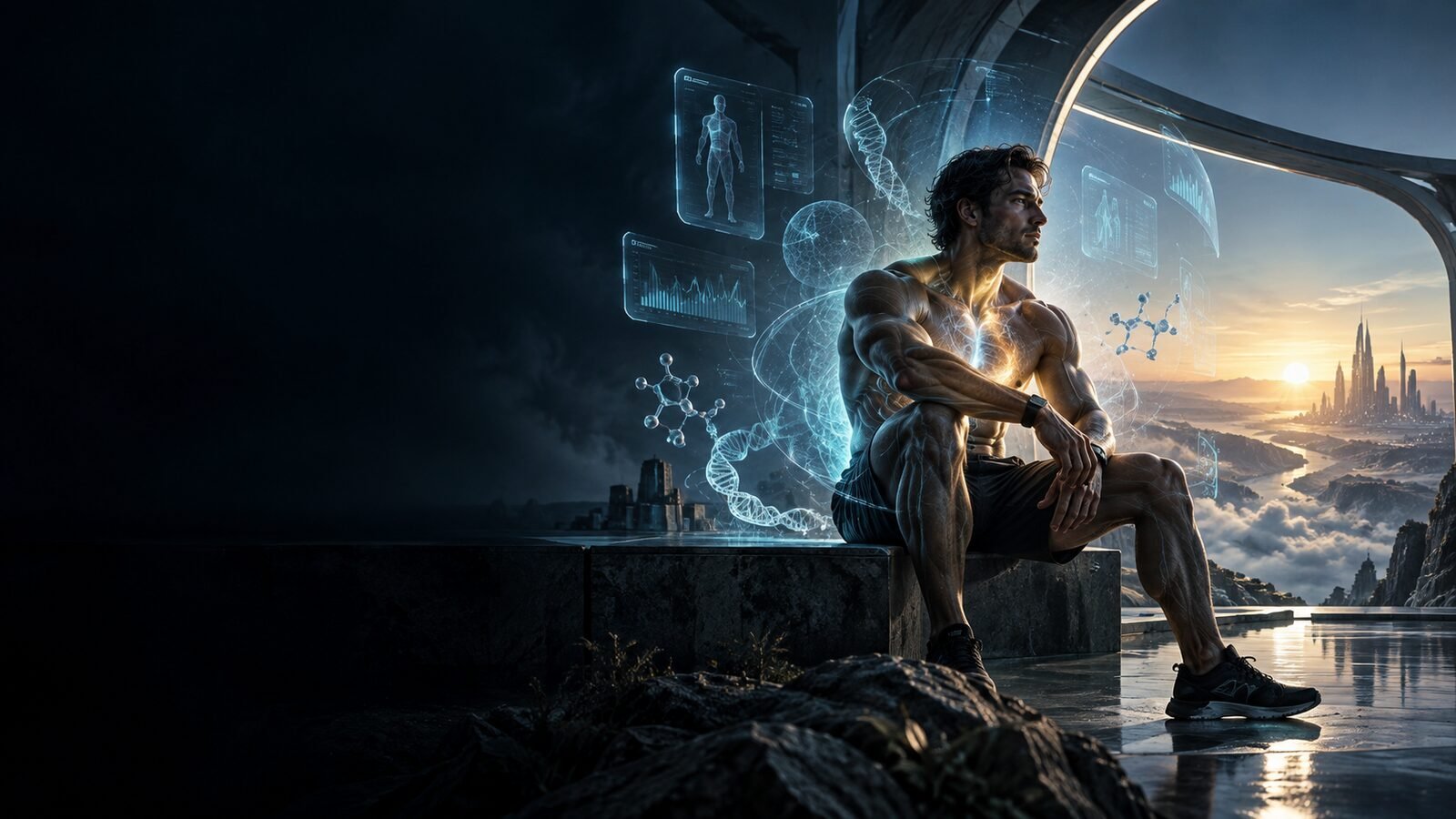 Athlete seated beside holographic health data, looking out over a futuristic city at sunrise