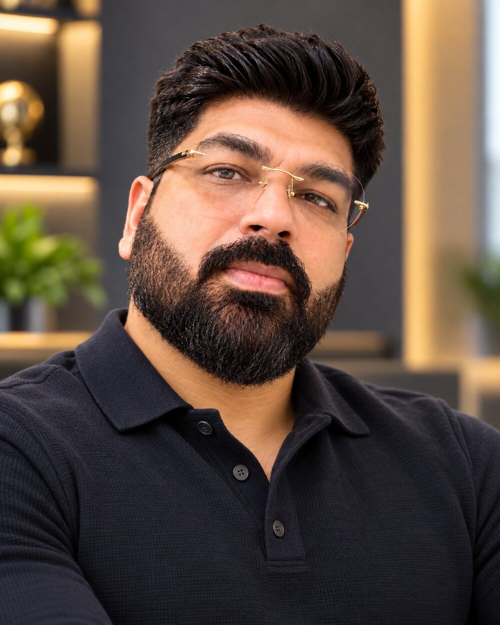 Portrait of Nelay Banerjjee in a black polo shirt and rimless glasses