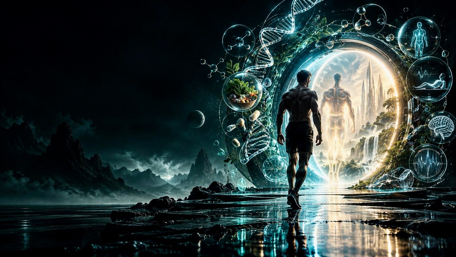 A figure walking toward a glowing portal framed by DNA, fresh food and wellness symbols