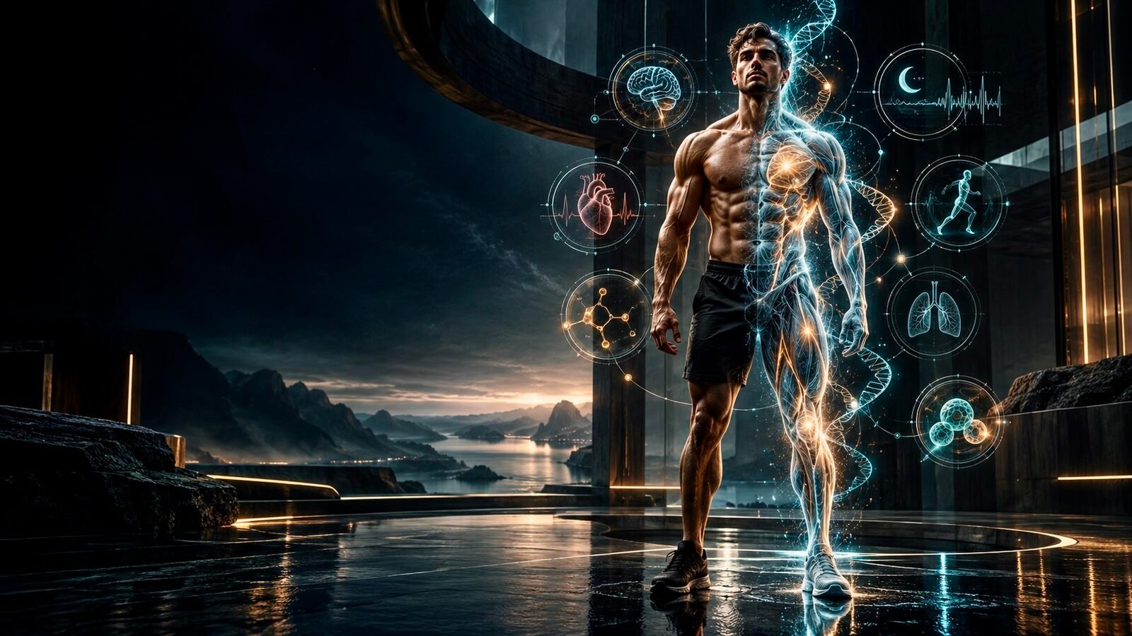 Athlete standing beside holographic health metrics for heart, lungs, brain, sleep and movement